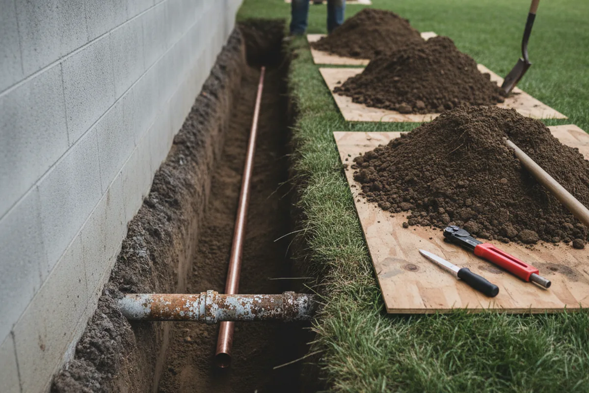 Excavated water line trench during Water Heater Repair in Encinitas